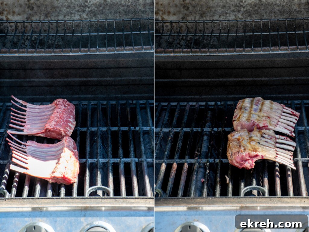 A gas grill with the first part of cooking rack of lamb over indirect heat and then moving the rack of lamb to direct heat.