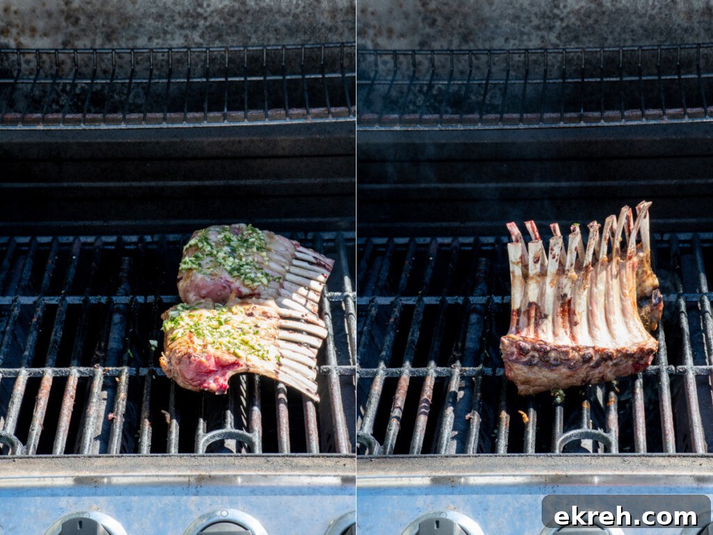 Adding the rosemary garlic mixture to the grilling rack of lamb and then showing the last part of cooking were the lamb leans on each other to finish cooking.