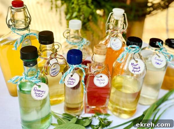 Herb-Infused Simple Syrup Recipe for Cocktails and Mocktails 4 variety of herb infused simple syrup on table