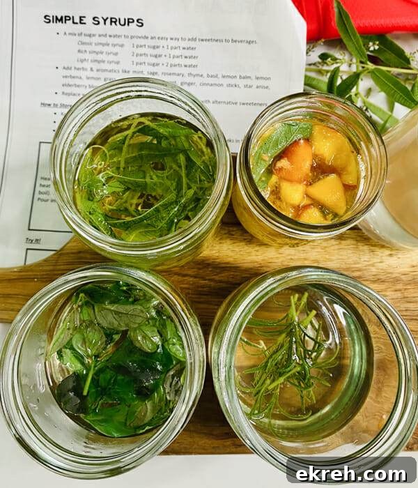 Herb-Infused Simple Syrup Recipe for Cocktails and Mocktails 5 steeping four kinds of simple syrup