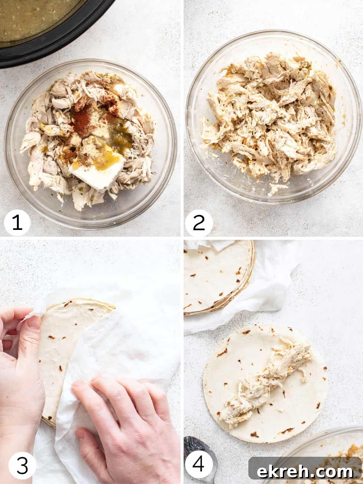 How to Make Crispy Air Fryer Chicken Taquitos 6 Mixing together chicken taquito filing in a bowl and rolling into tortillas.