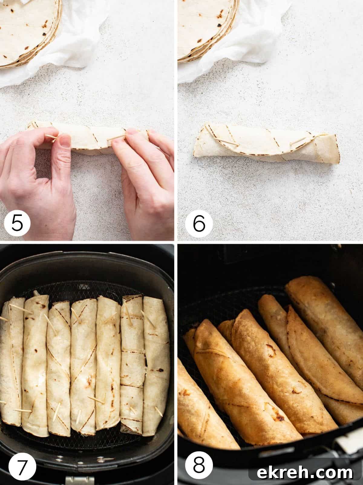 How to Make Crispy Air Fryer Chicken Taquitos 7 Rolling chicken taquitos and placing them in an air fryer.