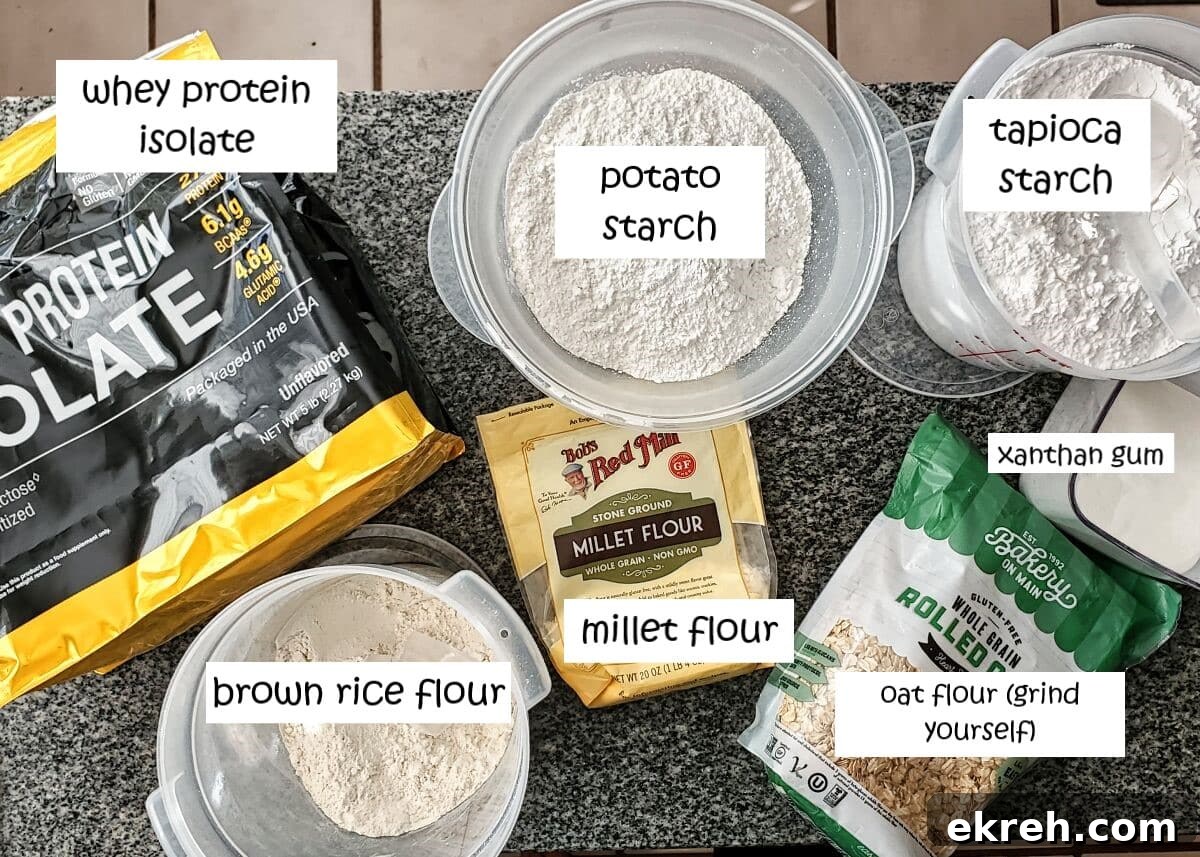 multigrain flour blend ingredients measured out and labeled.