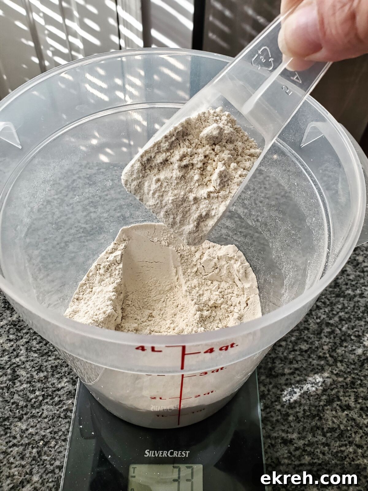 mixing multigrain flour blend.