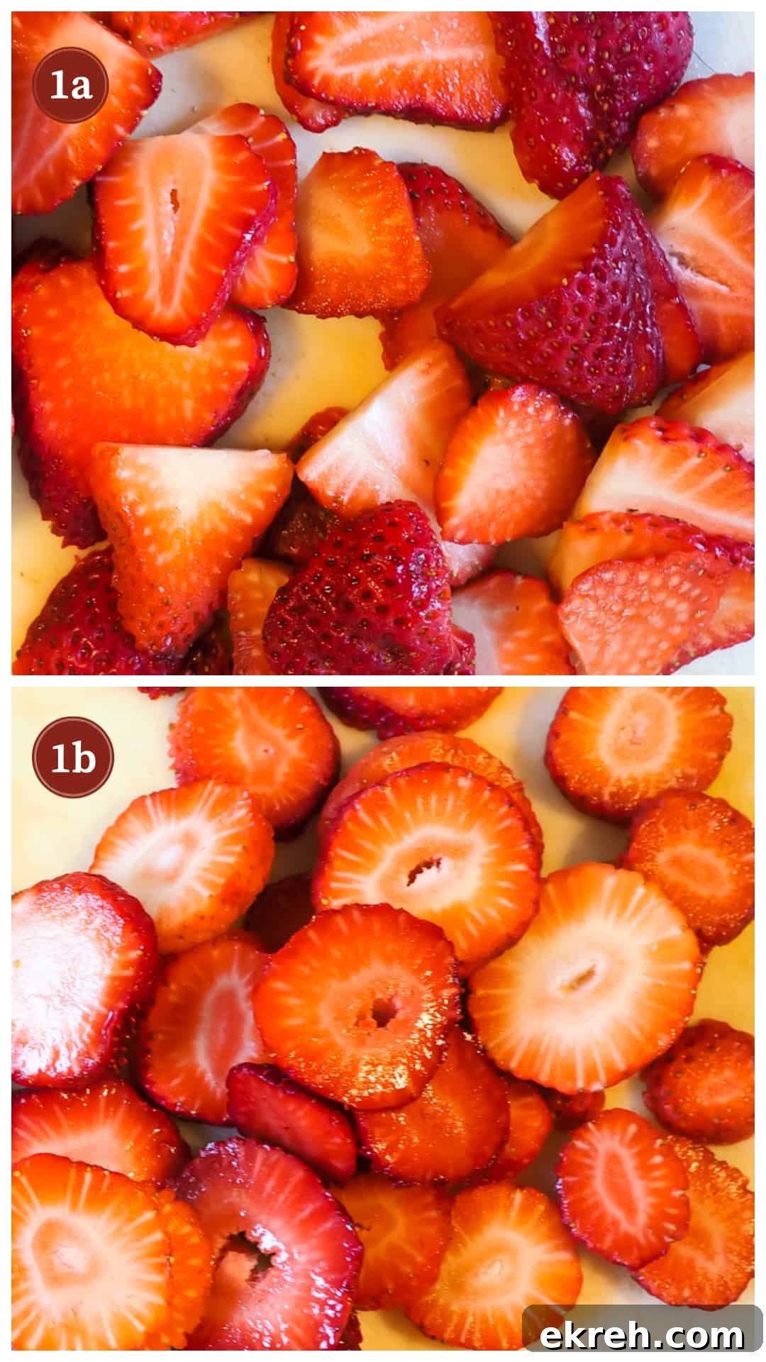 A process collage of images for making dehydrated strawberries, step 1 - sliced strawberries.