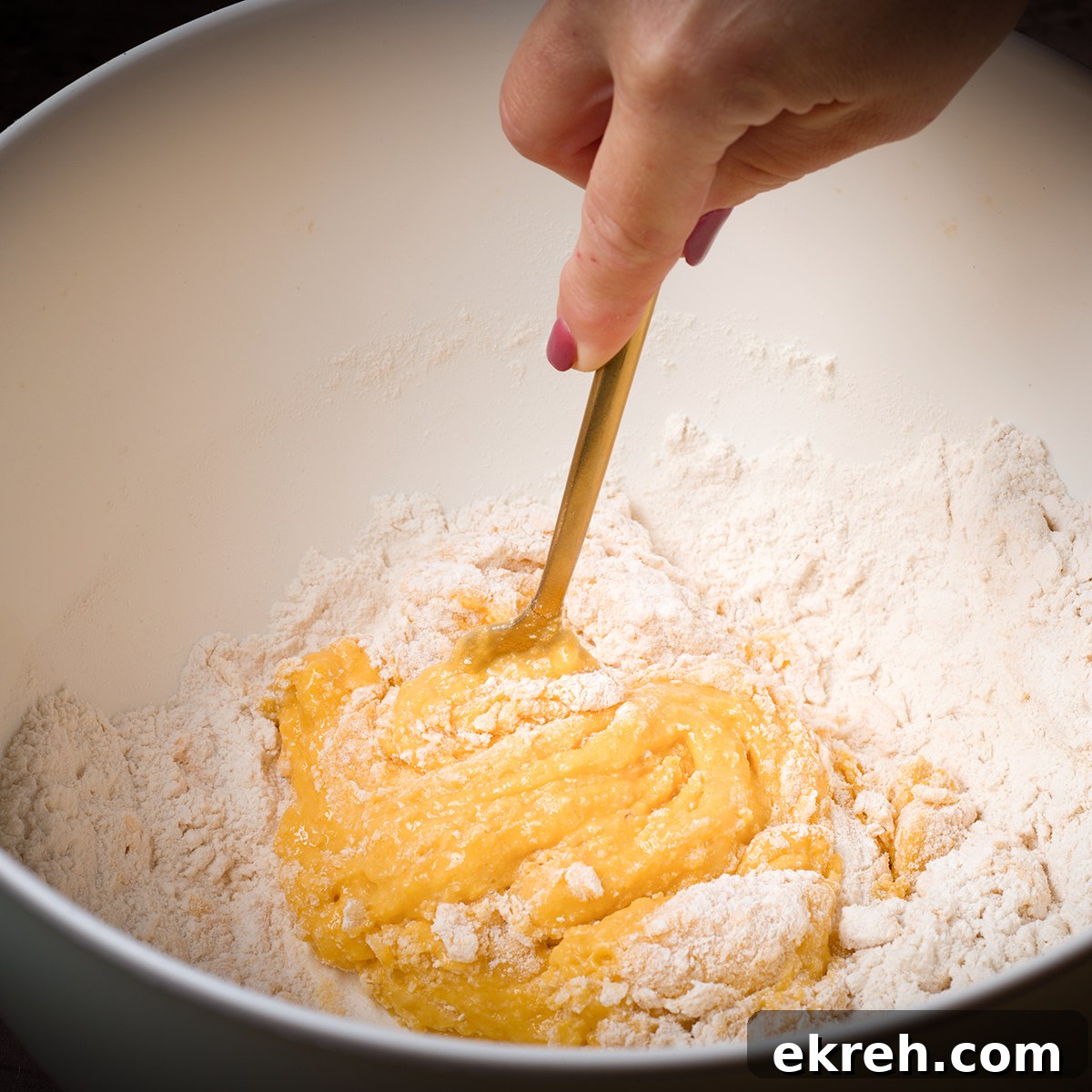 The mixture of eggs and flour will start to form a dough.