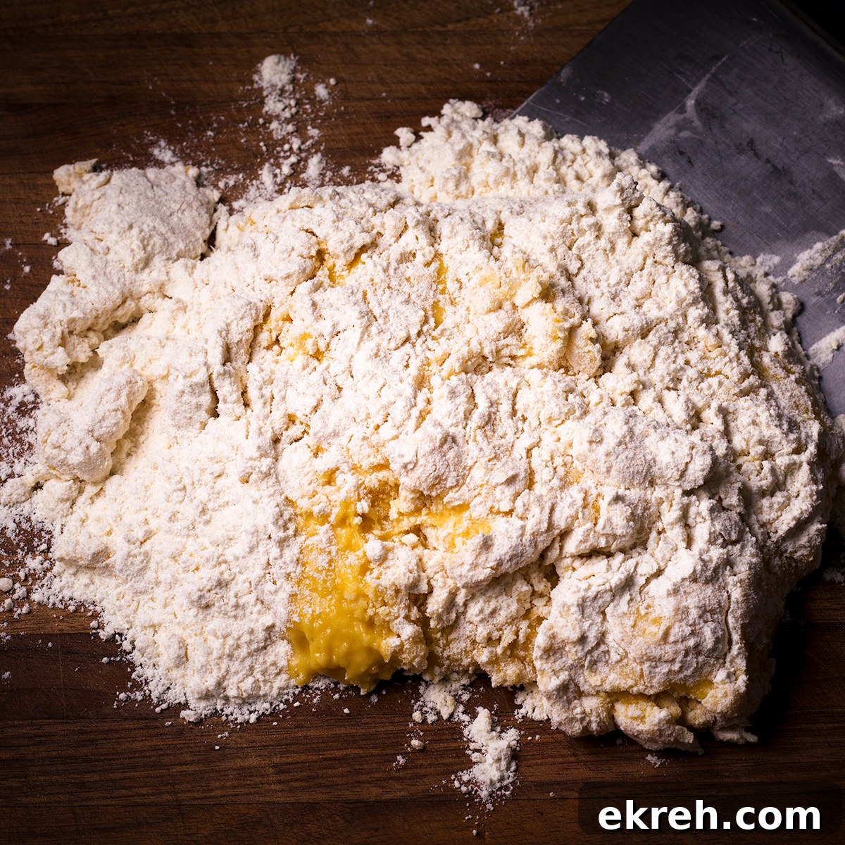 Pasta dough dumped out onto a work surface before it's been kneaded.