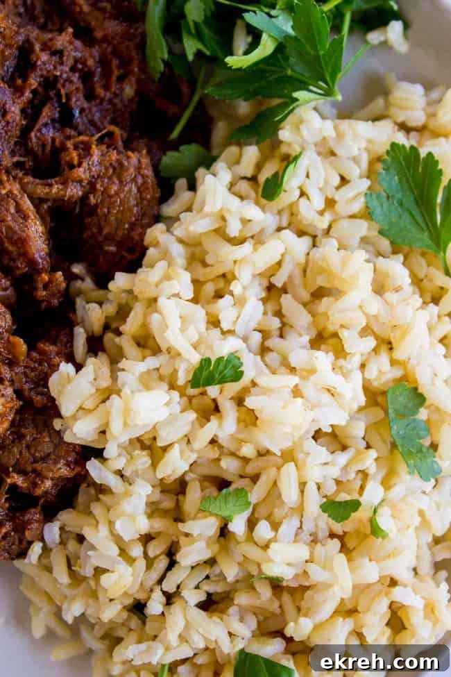 How to Make Instant Pot Brown Rice Instant pot brown rice with beef and cilantro on a plate.