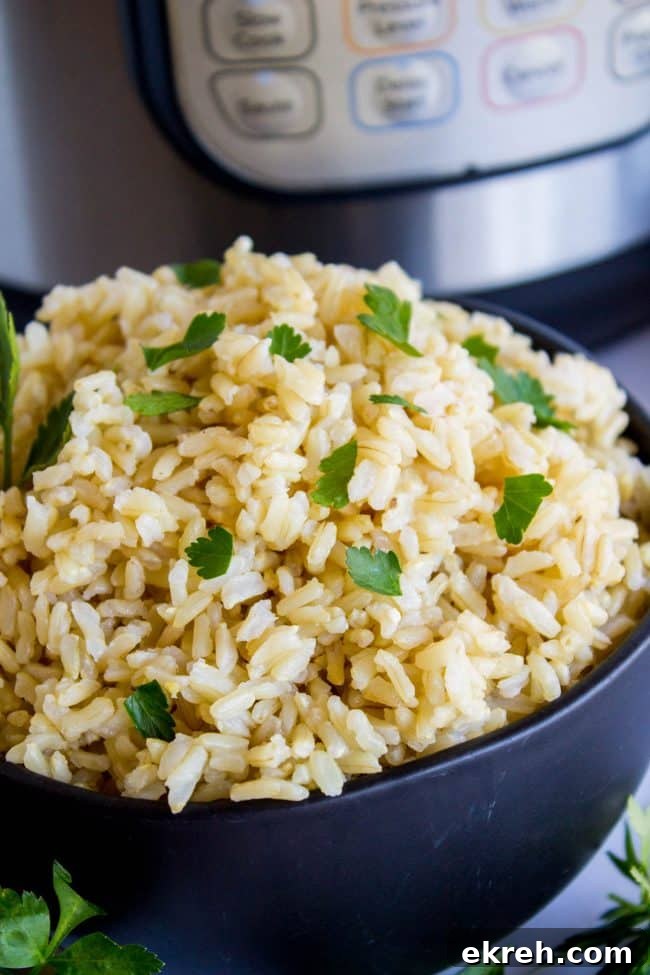 Instant Pot Brown Rice brown rice topped with cilantro in a bowl next to the Instant Pot.