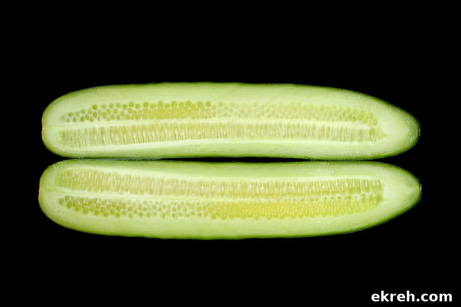 cucumber peeled and cut in half lengthwise; view of interior