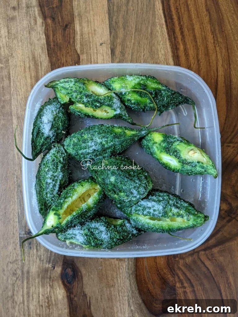Scraped karela with salt applied.