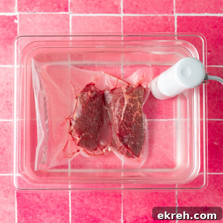 Vacuum sealed steaks in sous vide water bath on pink surface.