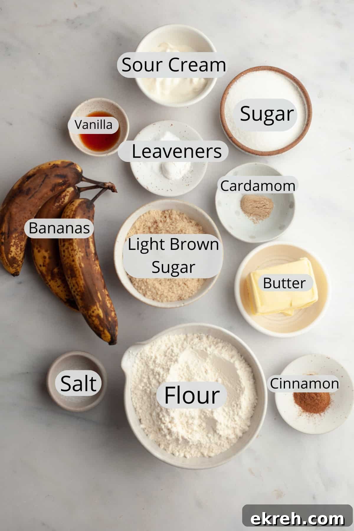All the ingredients needed to make banana coffee cake muffins, weighed out into small bowls.
