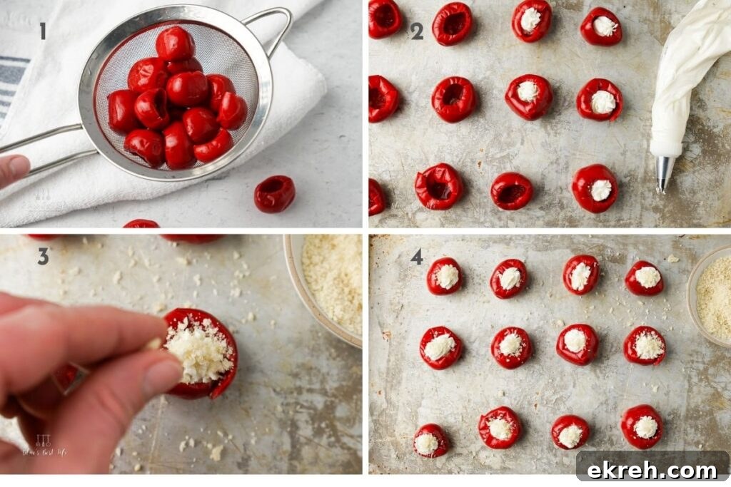 Rinsing and then stuffing the peppadews with goat cheese. 