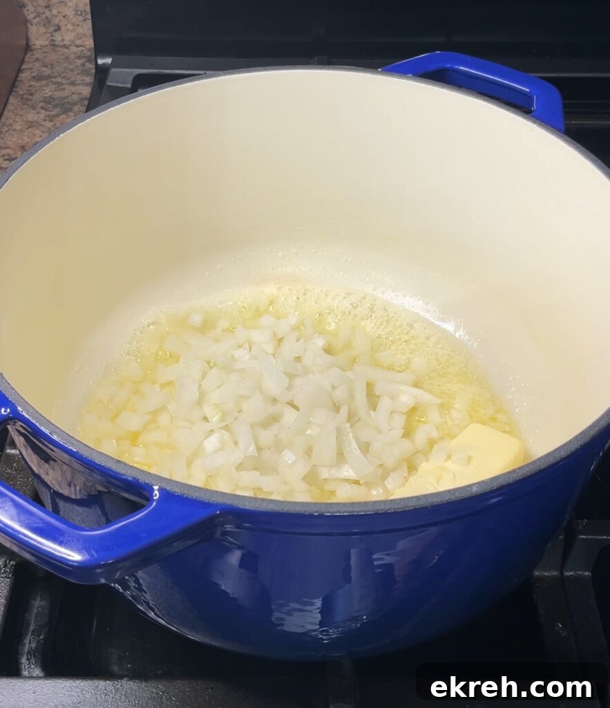 Homemade Creamy Broccoli Cheddar Soup Recipe 9 Melting butter and onion for soup