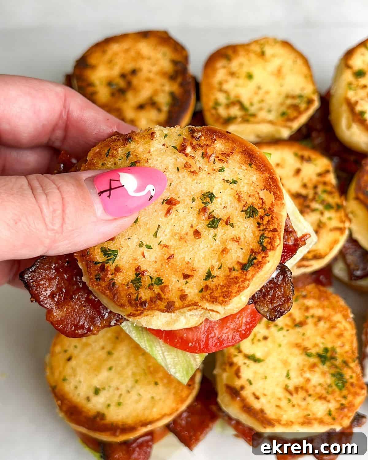 Candied Bacon BLT Sliders with Maple Glaze 3 blt sliders with toasted inside out buns