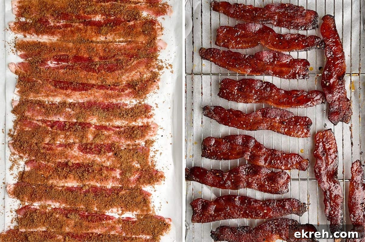 Candied Bacon BLT Sliders with Maple Glaze 6 candied bacon on a pan before and after baking