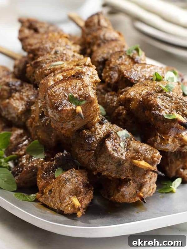 lamb kabobs served on a stainless platter