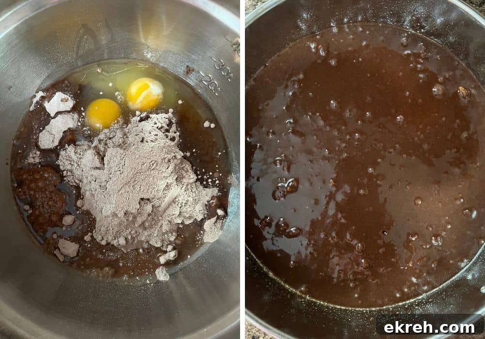 Classic Appalachian Fudge Brownie Pie Recipe 6 two photos; one shows ingredients for brownie batter in a mixing bowl, the other shows the batter mixed together in the bowl.