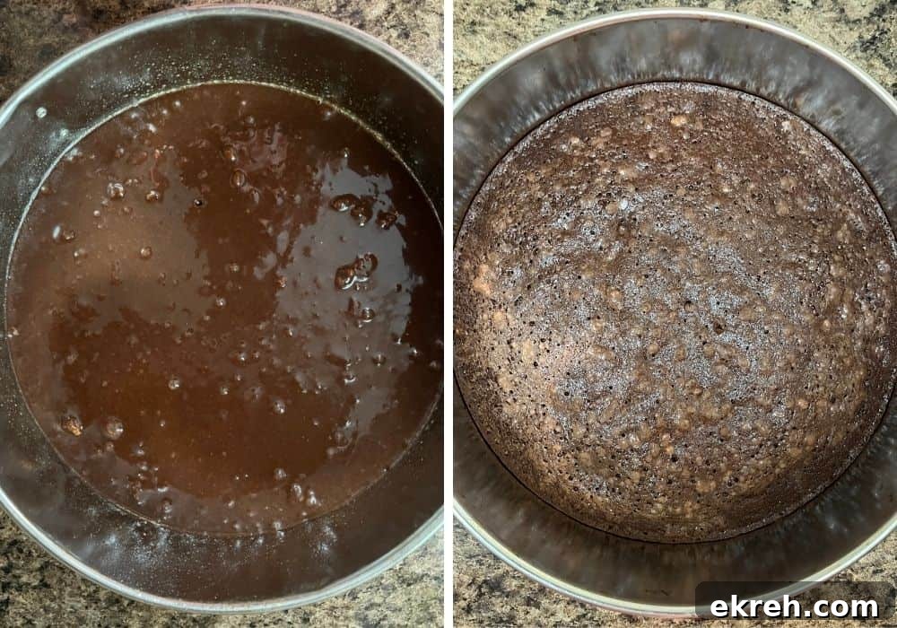 Classic Appalachian Fudge Brownie Pie Recipe 7 two photos; one shows brownie batter in prepared springform pan, the other shows the brownie layer baked.