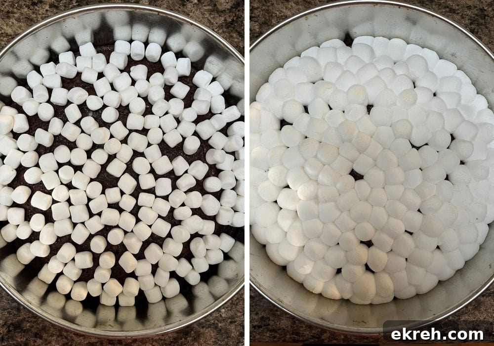Classic Appalachian Fudge Brownie Pie Recipe 9 two photos; one shows mini marshmallows spread over the surface of freshly baked brownie layer; the other shows the marshmallows puffed and melty.