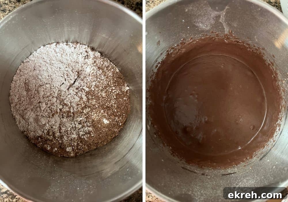Classic Appalachian Fudge Brownie Pie Recipe 8 two photos; one shows powdered sugar and cocoa powder sifted together in a small mixing bowl; the other shows melted butter and milk mixed in, creating a pourable chocolate frosting.