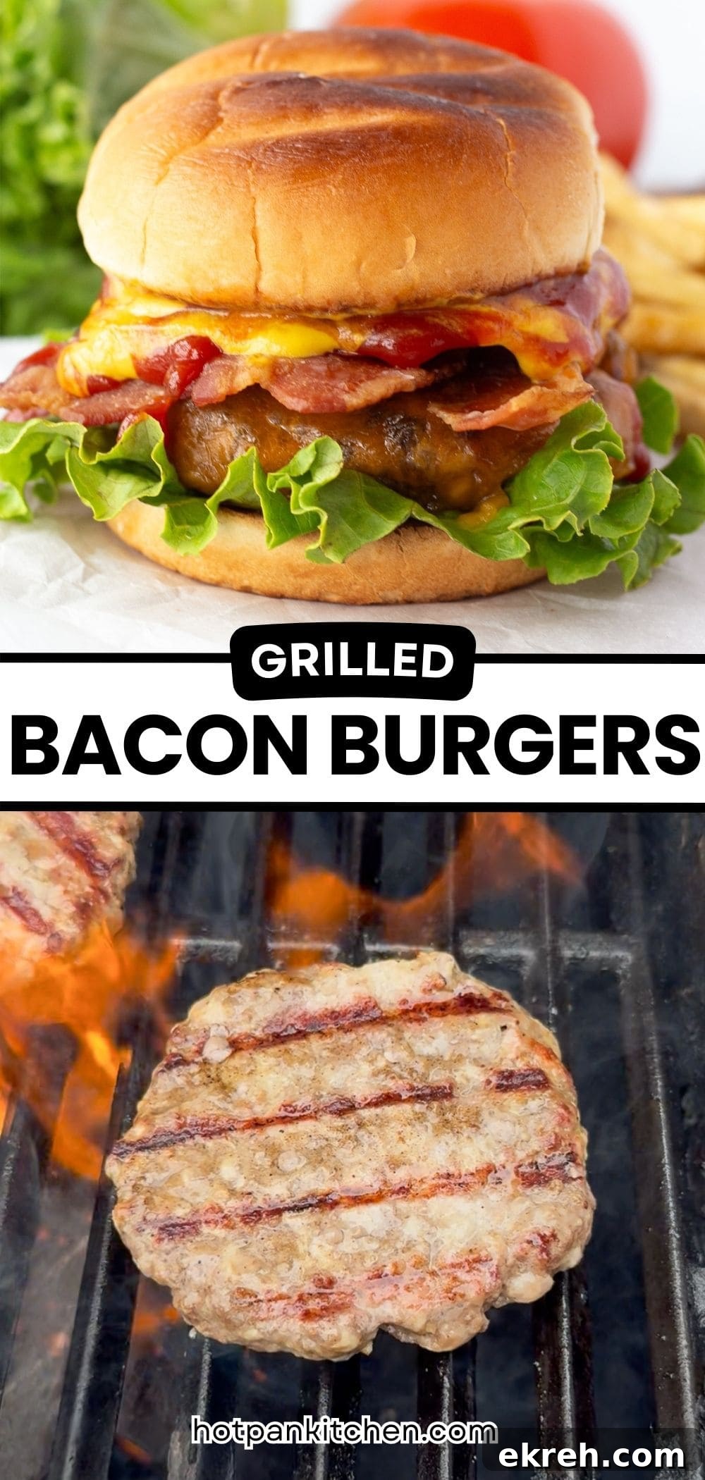 Juicy Grilled Bacon Cheeseburgers with Beef and Pork Patties 19 A close-up of a bacon cheeseburger with lettuce and tomato on a bun, above an image of a burger patty being grilled over flame with the text "Grilled Bacon Burgers" and "hotpankitchen.com" on it.