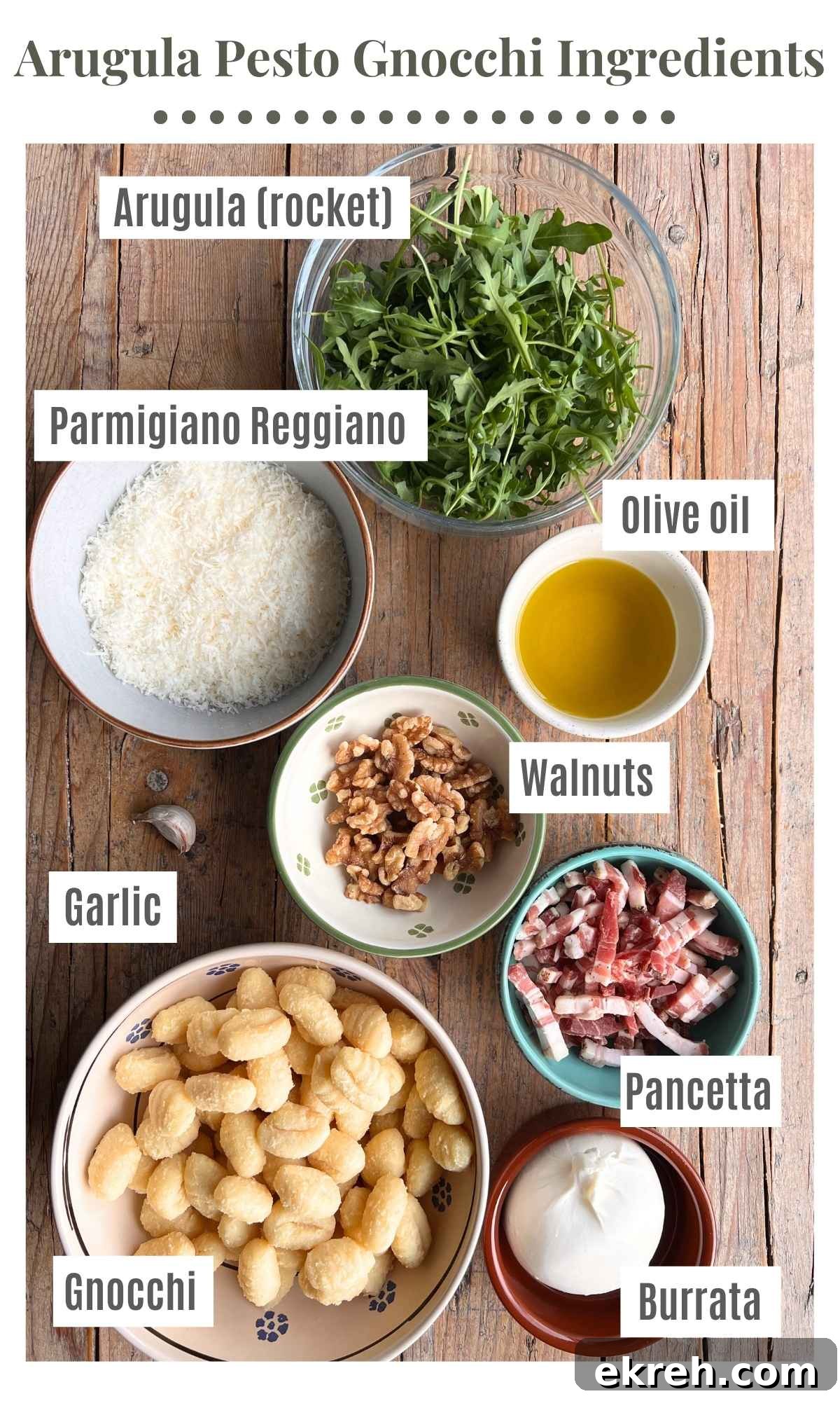 Arugula Pesto Gnocchi with Creamy Burrata and Crispy Pancetta 3 An overhead shot of all the ingredients needed to make gnocchi with arugula pesto, pancetta and burrata.