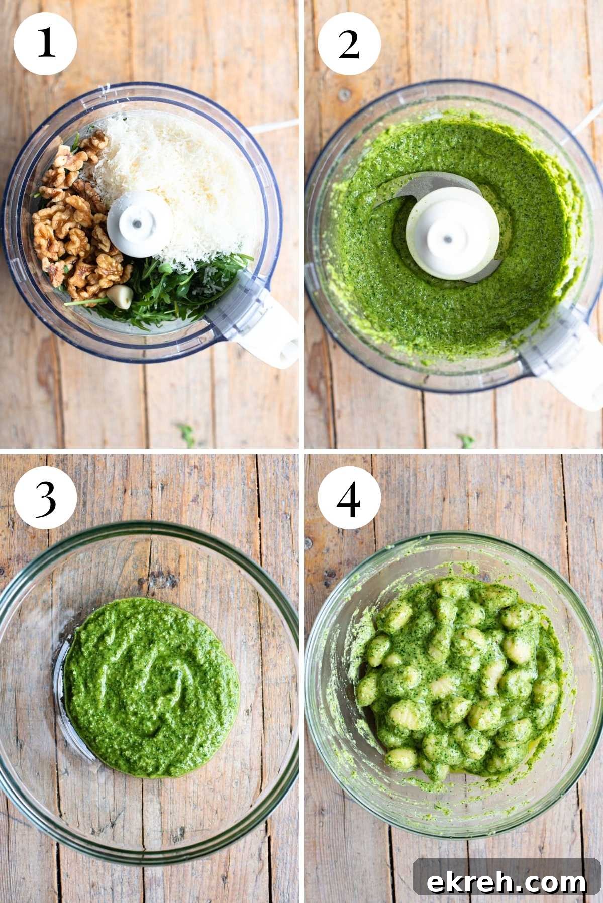 Arugula Pesto Gnocchi with Creamy Burrata and Crispy Pancetta 4 Four photos in a collage showing how to make gnocchi with arugula pesto.