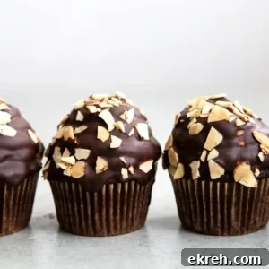 Almond Mocha Hi-Hat Cupcakes. Easy to make chocolate cupcakes topped with espresso meringue. It's dipped in chocolate and topped with toasted almonds.