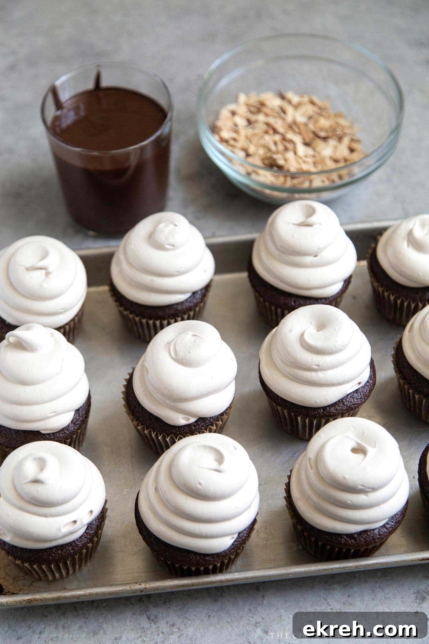 Almond Mocha Hi-Hat Cupcakes. Chocolate cupcakes topped with espresso meringue. 