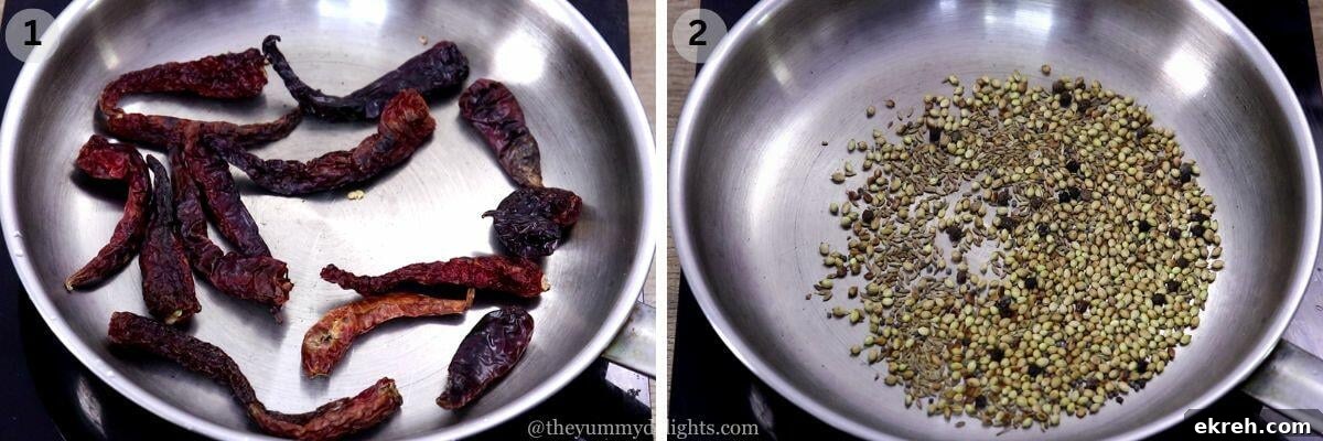 collage image of 2 steps showing roasting red chilies and spices to make mangalorean sardine curry.