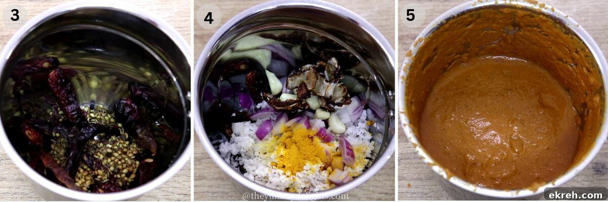 collage image of 3 steps showing making the coconut masala paste for sardine fish curry.