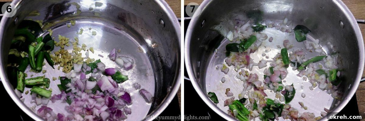 collage image of 2 steps showing sauteing onions, ginger and green chilies to make sardine curry.