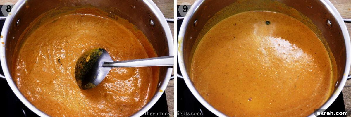 collage image of 2 steps showing addition of masala paste and adjusting the mangalorean fish curry consistency with water,