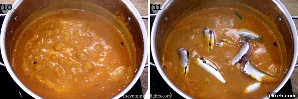 collage image of 2 steps showing addition of fresh sardines in the curry to make mangalorean sardine curry.