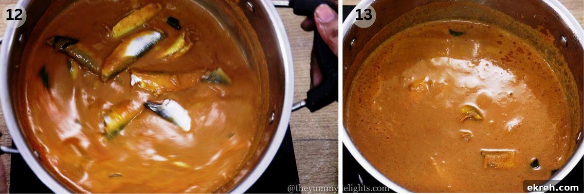collage image of 2 steps showing cooking sardine curry.