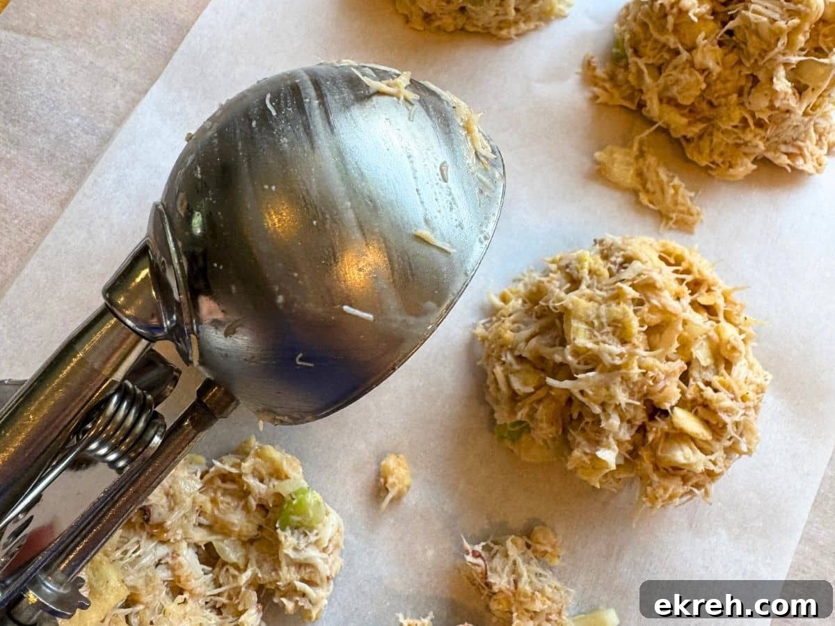 Disher scoop over uncooked crab cake mixture before it is compressed.