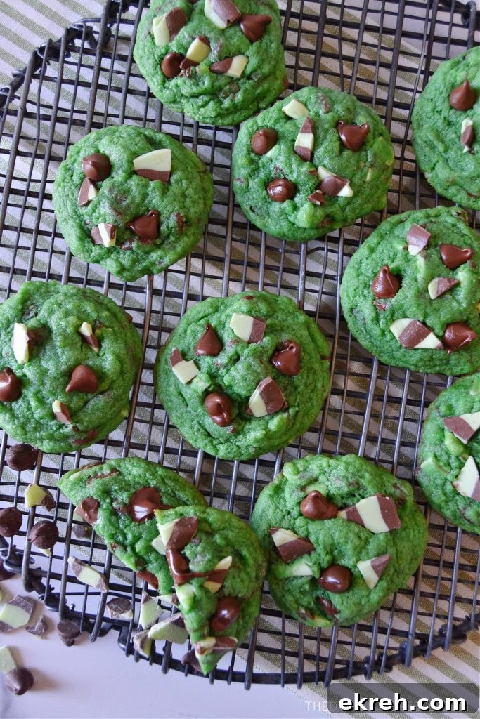 an arrangement of mint chocolate chip cookies on a wire rack