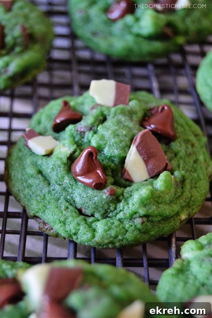 mint chocolate chip cookie on a wire rack