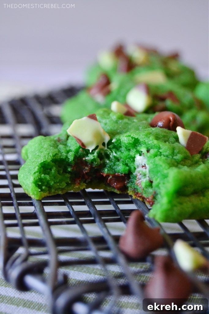 closeup of a bitten mint chocolate chip cookie