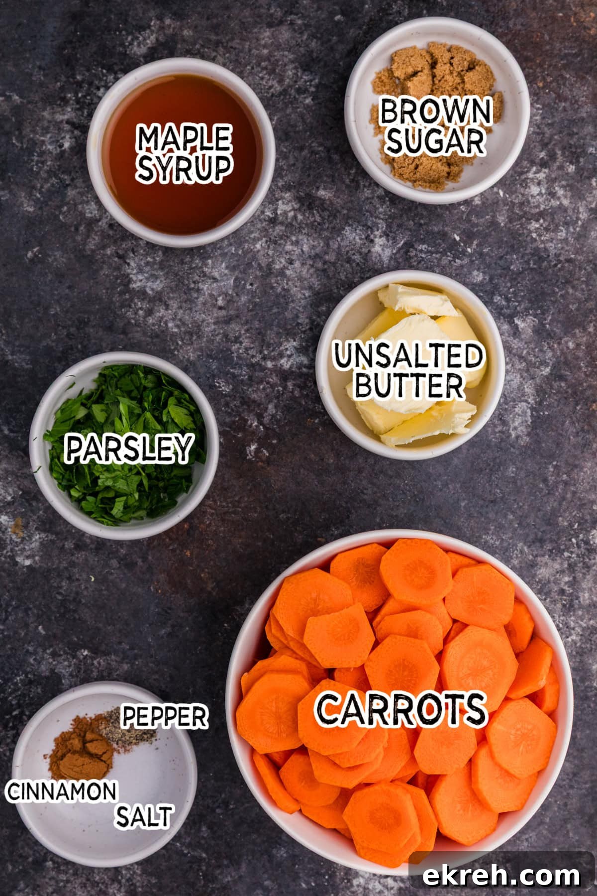Oven-Roasted Maple-Glazed Carrots Recipe 3 Ingredients on a dark surface.