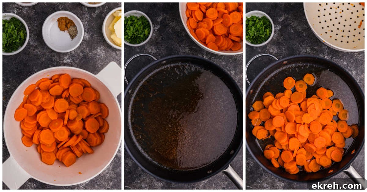 Oven-Roasted Maple-Glazed Carrots Recipe 4 Collage of cooking the recipe in a pan.