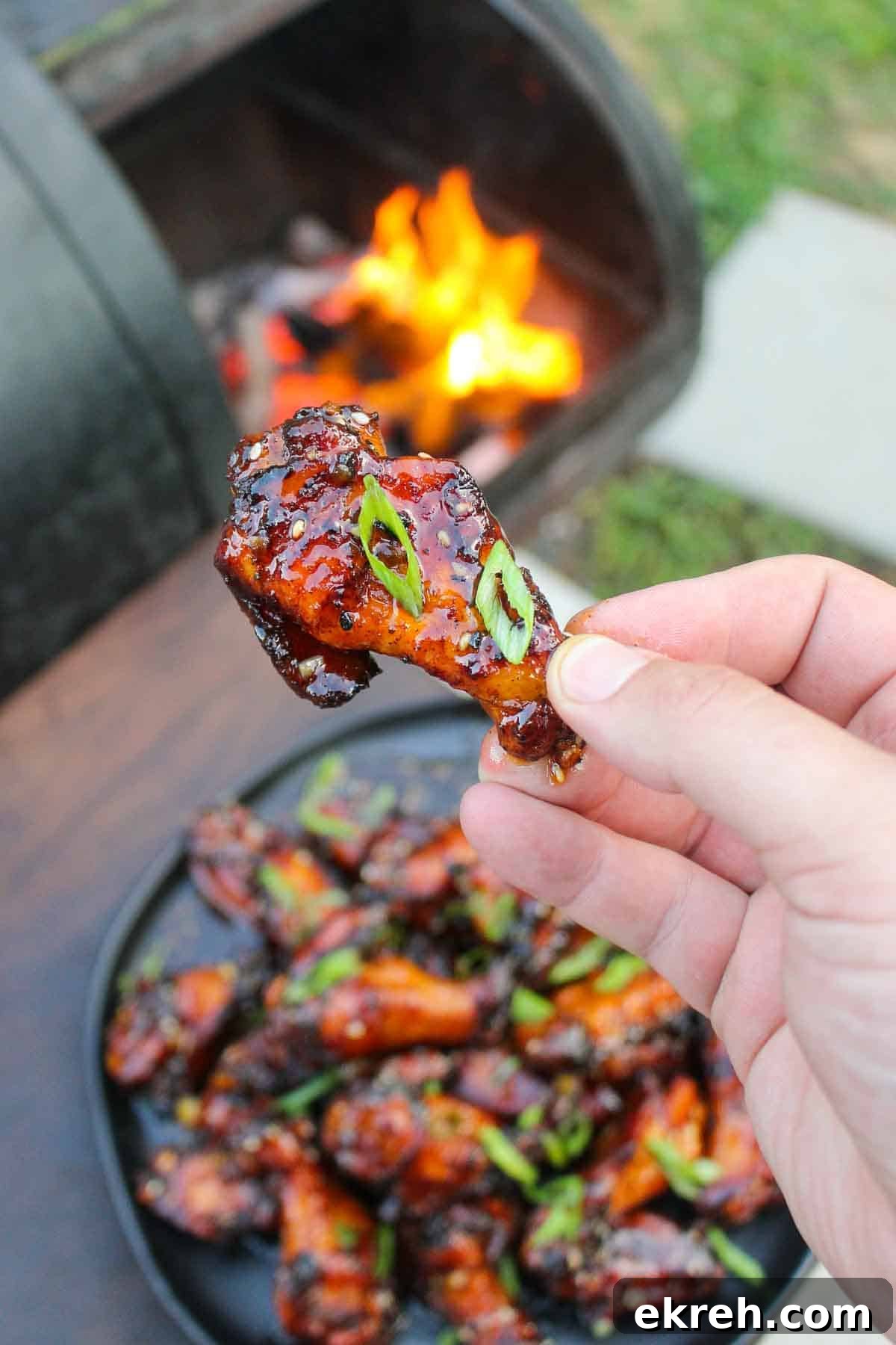 Holding a single hot honey garlic wing up to the camera.