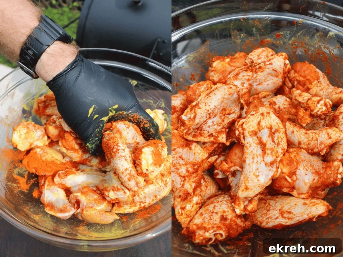 Seasoning the chicken wings so that we can get them cooking on the smoker.