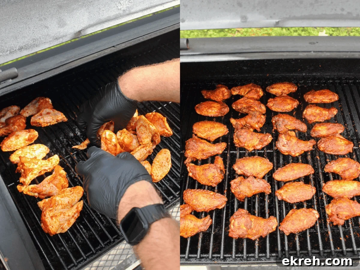 Setting the chicken wings out across the grill grate.