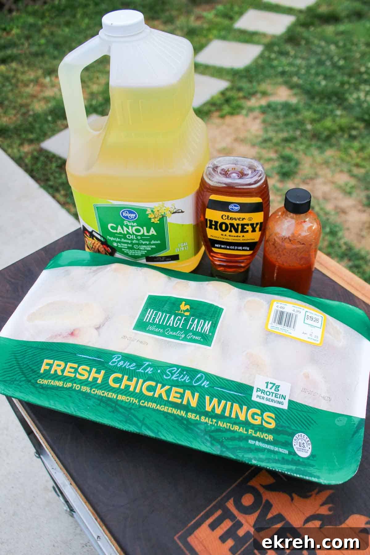 The hot honey garlic wings ingredients sitting out so that we can start the recipe.