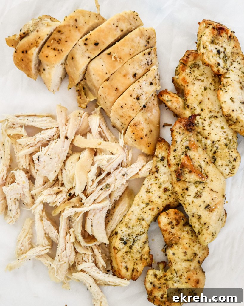 shredded and sliced cooked chicken made in three different ways.