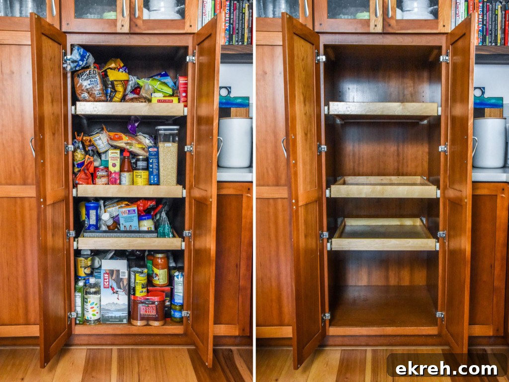 side by side of full and empty pantry.