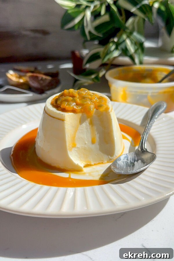 Creamy panna cotta topped with passion fruit sauce.